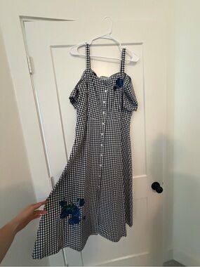 Warehouse Blue and White Gingham Midi Dress with Blue Floral Appliqué